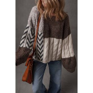 Women's Color Block Cable Knit Patchwork Knotted Back Loose Fit Sweater